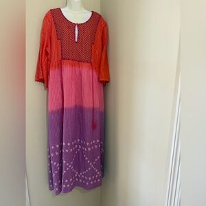Novica Embroidered metallic stripe Tie-Dyed Cotton Empire Waist Maxi Dress XXL